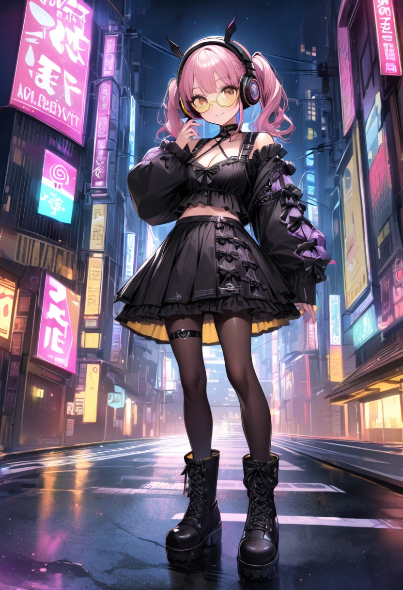 extremely detailed fine touch, 2D, girl, solo, very short black twintails hair, (((yellow underrim glasses:1.3))), (headphones:1.2), blush, smile, standing on the road, perfect anatomy, in the urban area, tokyo (city), at night, neon lights on the background, eyelashes, clavicle, cleavage, midriff, wearing the jirai-kei pink fashion, black mask, black leggings, black boots, high-detailed skin,jirai kei, black skirt, 