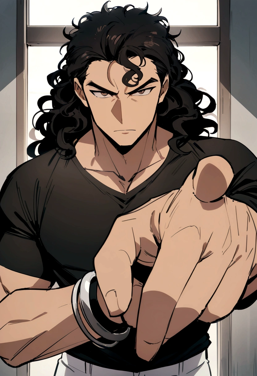 (Highest quality, masterpiece, anime), Age 25, Black curly hair, Brown eyes, South Indies, Mature man in a black shirt, White pants, strong and tall, Black watch on the right hand, A silver bracelet on his left hand kills one person with a tap on the head, 4K, Highest quality, View your viewers.
