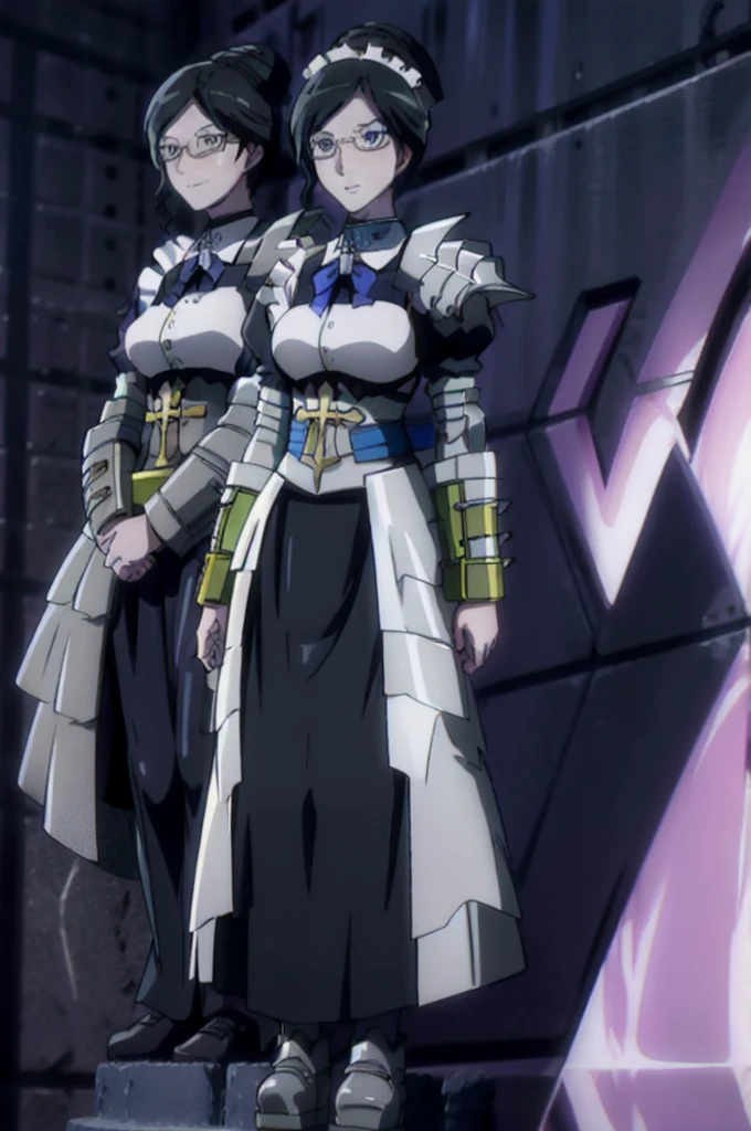 Yuri Alpha, overlord, blue eyes, glasses, long skirt, large skirt, smile, medium breast, full body, standing, pants, maid cloths, 