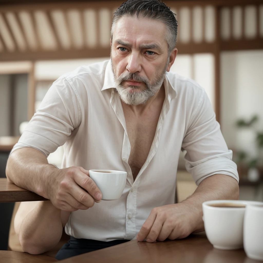 Man with a beard, white skin, in his 40s, robust and sensual, sitting in front of a table drinking coffee and looking serious, reflecting on something serious