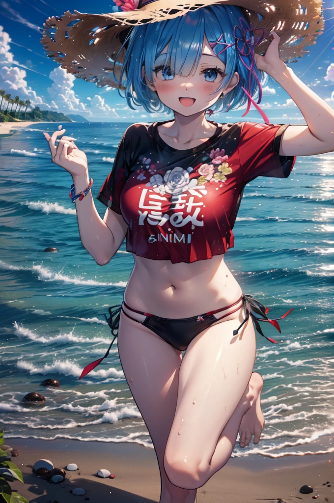rezeroRem, Rem, blue eyes, Blue Hair, hair ornaments, Hair on one eye, Hair Ribbon, short hair, x hair ornaments,Straw hat,,happy smile, smile, Open your mouth,blush,Red T-shirt,Short sleeve,Bikini swimwear under clothes,barefoot,barefoot,walking,whole bodyがイラストに入るように,
break outdoors, Beach,Sandy Beach,
break looking at viewer, whole body,
break (masterpiece:1.2), Highest quality, High resolution, unity 8k wallpaper, (shape:0.8), (Beautiful attention to detail:1.6), extRemely detailed face, Perfect lighting, extRemely detailed CG, (Perfect hands, Perfect Anatomy),