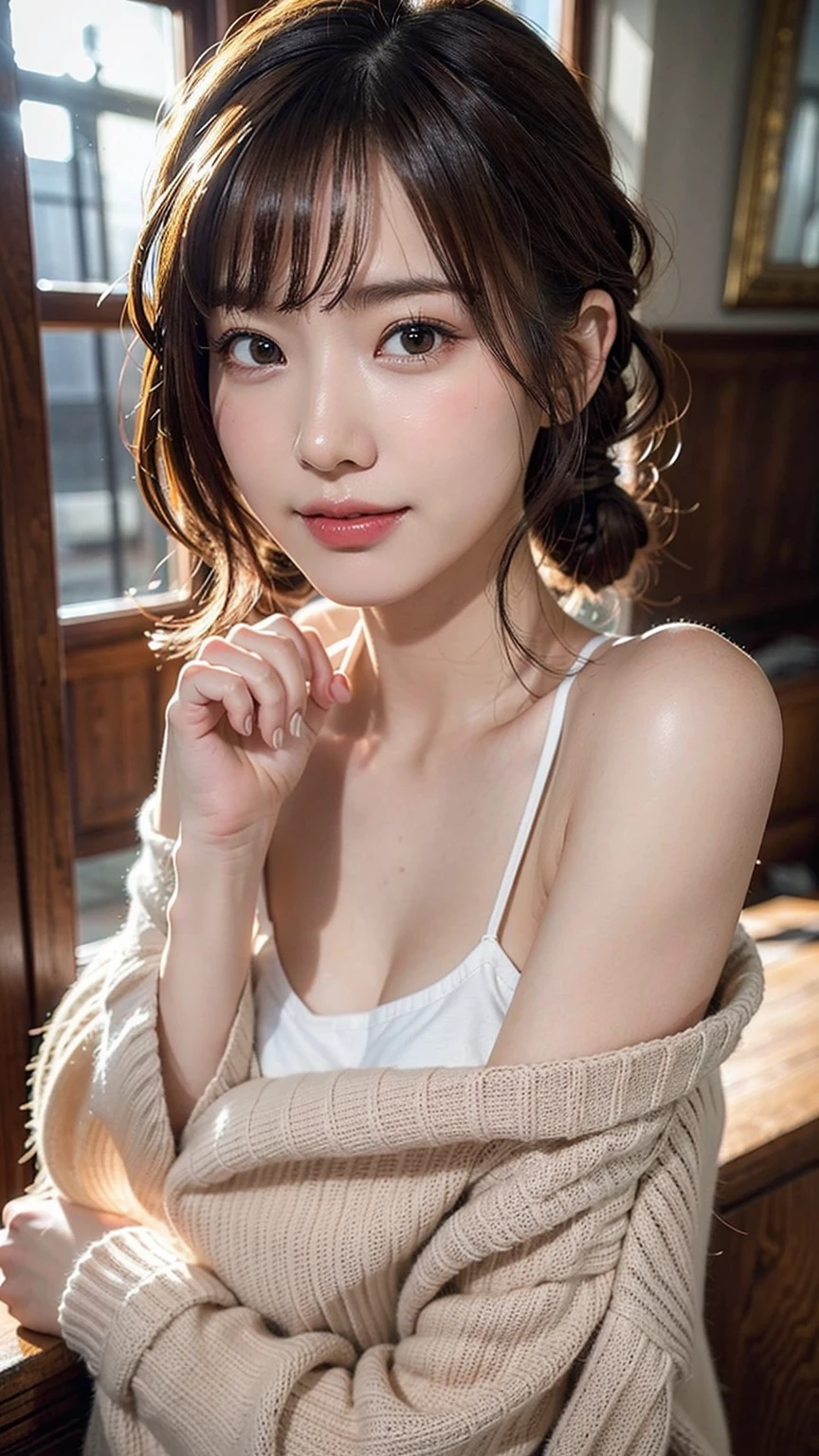 Openlegs, (masterpiece:1.3), (8K, Photorealsitic, Raw photography, Top image quality: 1.4), Japan high school girls、(Random hairstyles:1.2)、cleavage of the breast:1.2、Super Detail Face、Eye of Detail、double eyelid、Bring your chest together、sharp focus:1.2、prety woman:1.4、light brown hair、top-quality、masterpiece、超A high resolution、(Photorealsitic:1.4)、Highly detailed and professional lighting smile、Loose and light knitwear、Shoulder out、slender、serious facial expression、short-haired、Fatal position