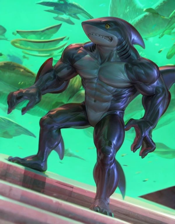 A humanoid shark creature stands tall,blue body with blue back pointed fins a dull gray in his belly tough, its yellow eyes gleaming with intensity as it showcases its sharp, clenched teeth. The male focus is centered on the subject's powerful physique, set against a vibrant, enhanced bright background that accentuates its otherworldly features. Art by TakahiroSi.cartoon style,detail full-body,detail hands,detail finger(4 fingers),4k,high_resolution,masterpiece,smooth soft body,balance muscle,((light-up character's dark-body)),((light-up background))