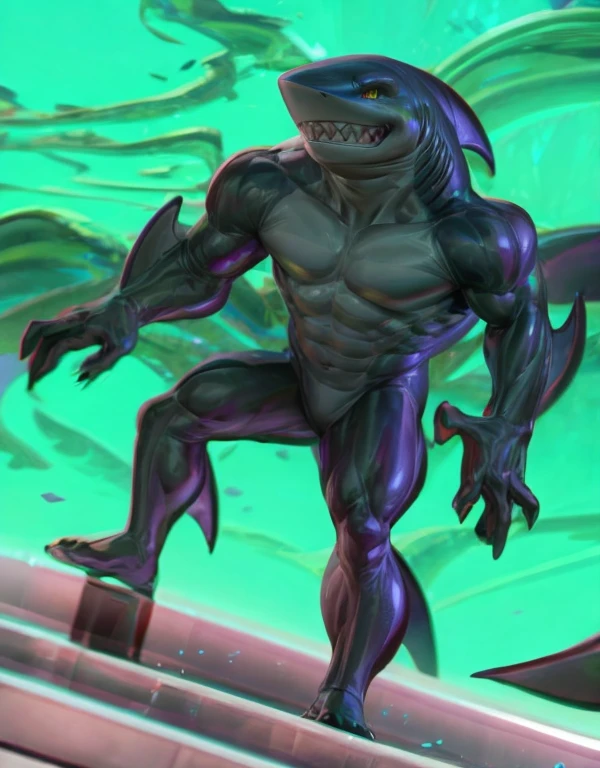 A humanoid shark creature stands tall,blue body with blue back pointed fins a dull gray in his belly tough, its yellow eyes gleaming with intensity as it showcases its sharp, clenched teeth. The male focus is centered on the subject's powerful physique, set against a vibrant, enhanced bright background that accentuates its otherworldly features. Art by TakahiroSi.cartoon style,detail full-body,detail hands,detail finger(4 fingers),4k,high_resolution,masterpiece,smooth soft body,balance muscle,((light-up character's dark-body)),((light-up background))
