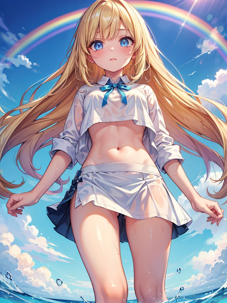 (masterpiece:1.2), best quality, high resolution, unity 8k wallpaper, illustration, extremely detailed eyes, extremely detailed face, extremely detailed CG, (1girl, solo:1.5), {{perfect anatomy}}, (panorama:0.5), ((view from below)), ((looking up at the sky)), ((clear sky with rainbow)), white shirt, crop top, mini skirt, ((wet clothes)), ((wet hair)), park, COLORFUL PORTRAITS, lily, long blonde hair, blue eyes,