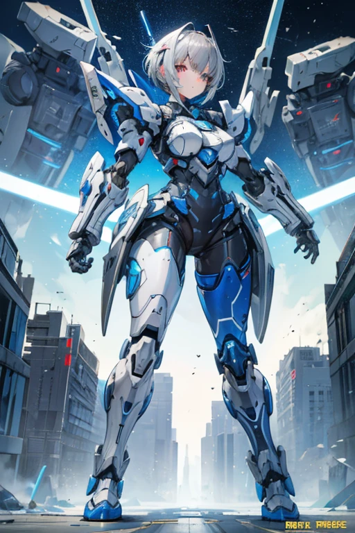 A badass mecha girl, piloting a towering robotic suit. She exudes strength and confidence, with sleek metallic armor and glowing energy lines. Her mecha suit is equipped with powerful weapons and advanced technology, ready to defend against any threat. Best quality, intricate details, clean lines, eye-catching composition, soft tones, anime realism, perfect illustration