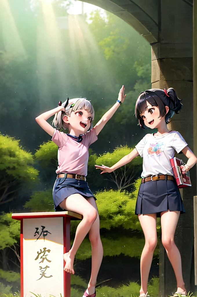 girly, Japanese silver grass, short hair, Black Hair，Low length，Small ，Side Ponytail, Cat, belt, mini skirt，camisole, They're laughing, Are standing, (forest:1.3), Looking at the audience, From below,