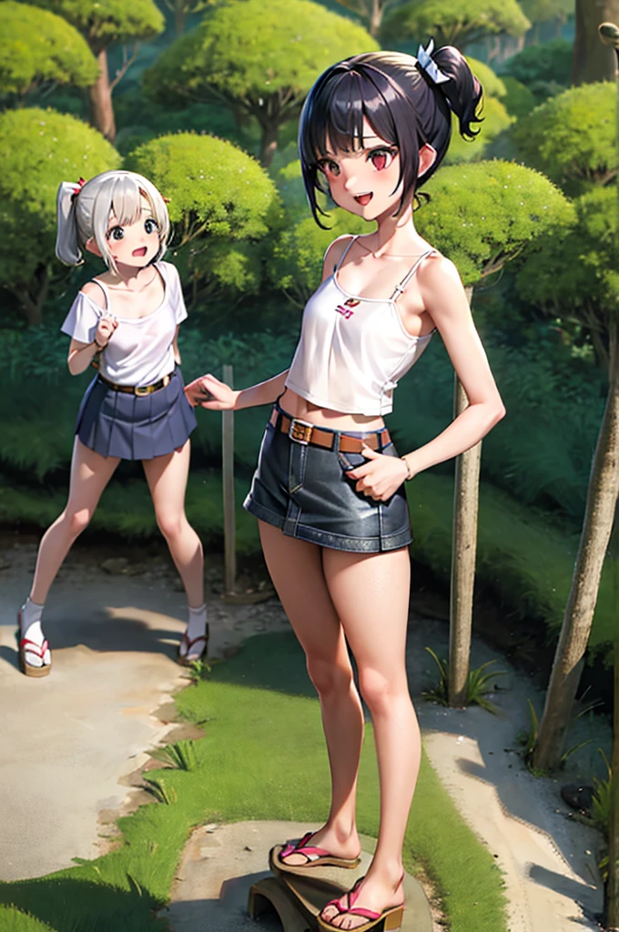 girly, Japanese silver grass, short hair, Black Hair，Low length，Small ，Side Ponytail, Cat, belt, mini skirt，camisole, They're laughing, Are standing, (forest:1.3), Looking at the audience, From below,