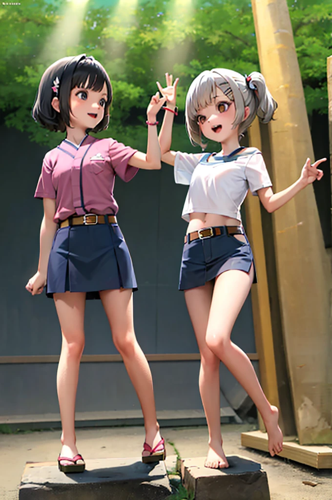 girly, Japanese silver grass, short hair, Black Hair，Low length，Small ，Side Ponytail, Cat, belt, mini skirt，camisole, They're laughing, Are standing, (forest:1.3), Looking at the audience, From below,