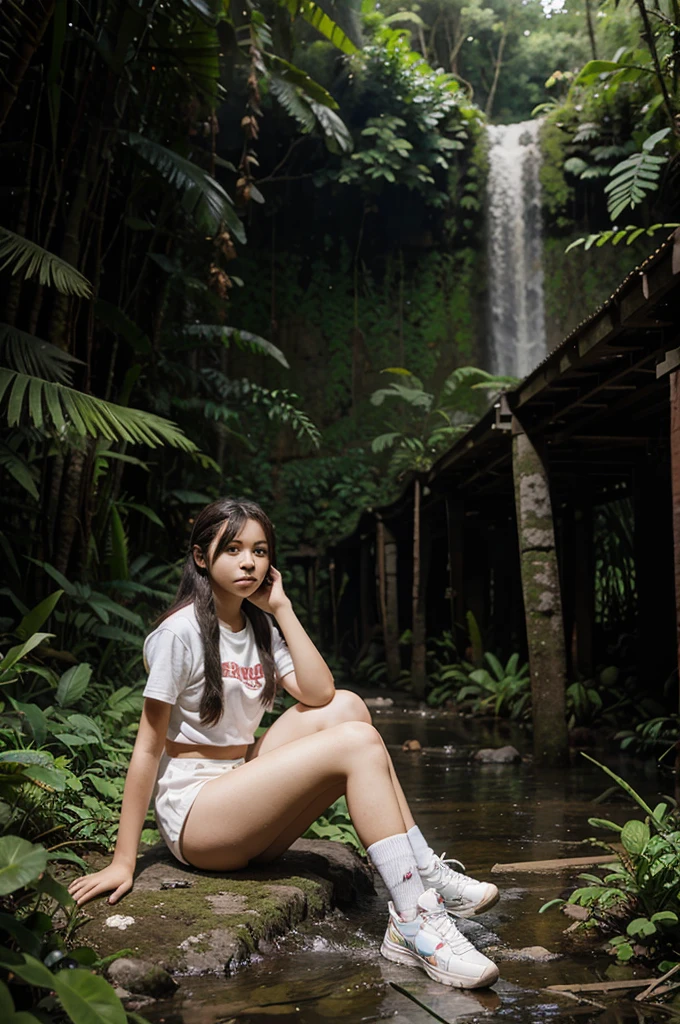 An anime teenager sitting in the middle of a beautiful rainforest 