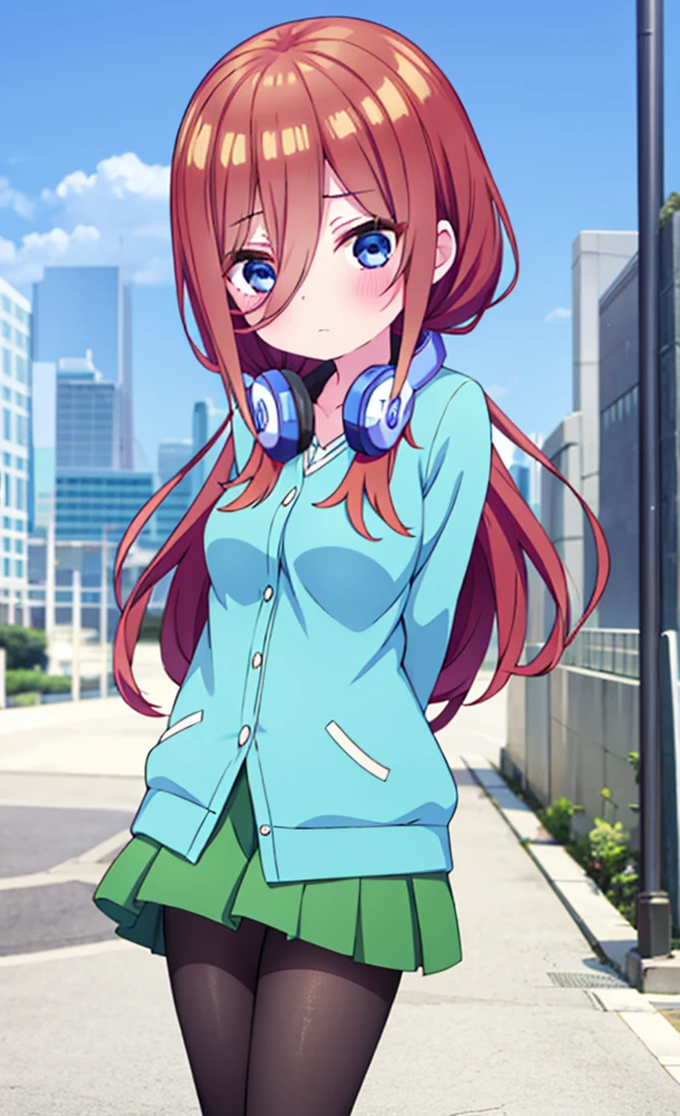 masterpiece,Highest quality,1 Girl,alone,blush with embarrassment,Pokémon-like art style,(bold:1.6),(flat:1.5), miku nakano, LONG HAIR, bangs, blue eyes, BROWN HAIR, SHIRT, HAIR BETWEEN EYES, HEADPHONES, HEADPHONES AROUND NECK,
SKIRT, SHIRT, LONG SLEEVES, WHITE SHIRT, PANTYHOSE, PLEATED SKIRT, BLACK PANTYHOSE, cardigan, GREEN SKIRT, BLUE cardigan, Big Breasts, 慌てる