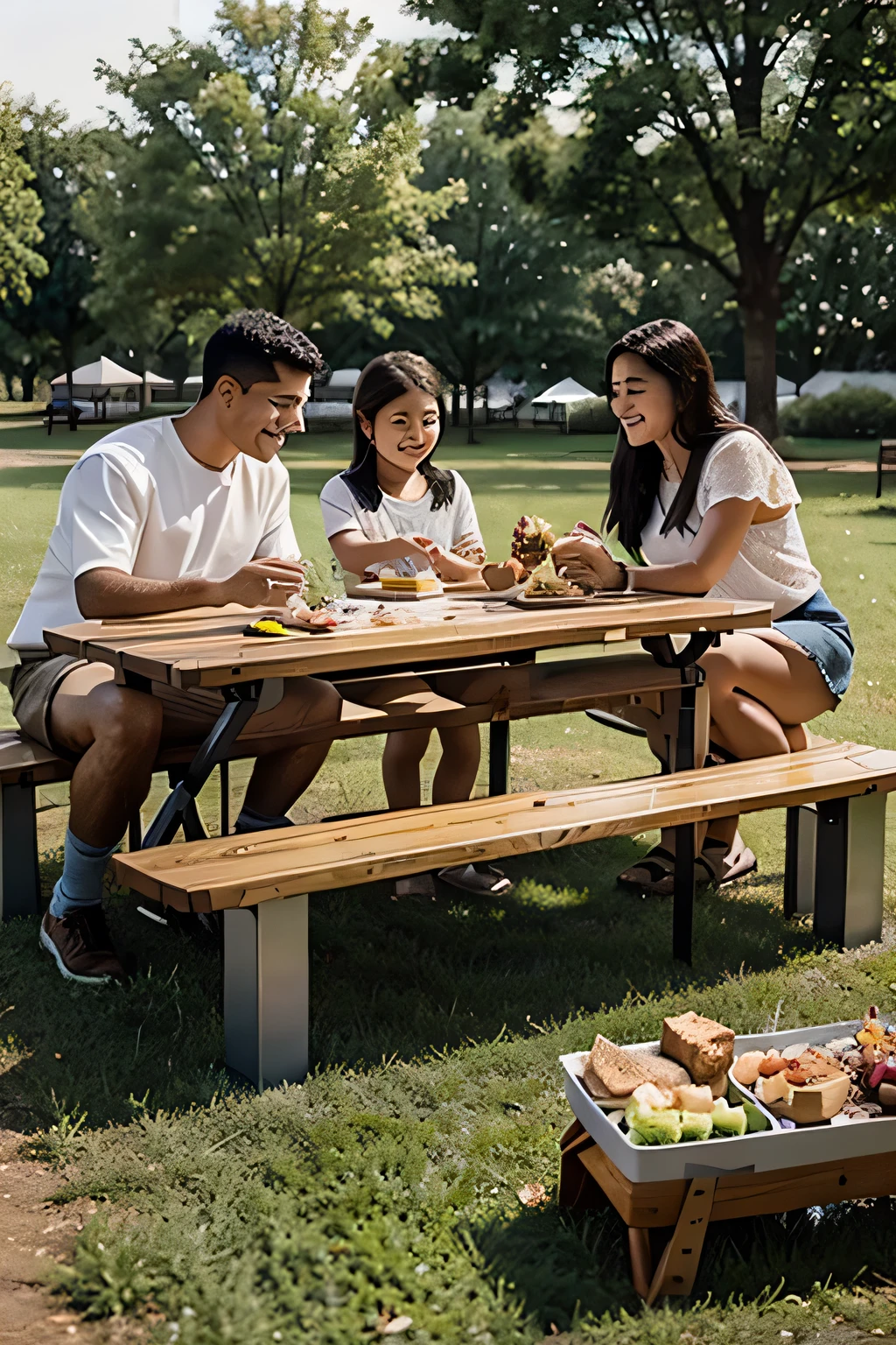 A family in a park with a picnic table and portable grill