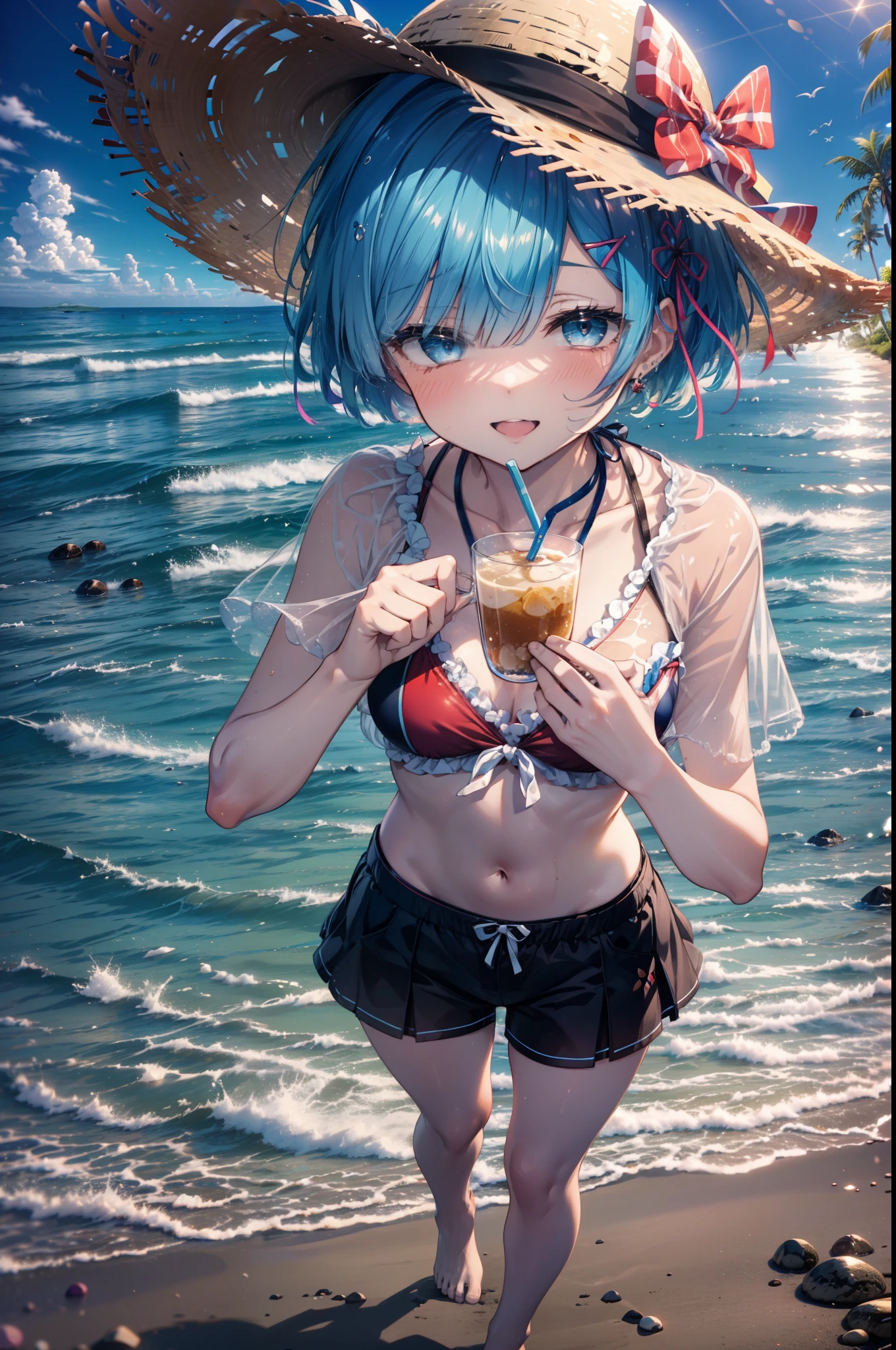 rezeroRem, Rem, blue eyes, Blue Hair, hair ornaments, Hair on one eye, Hair Ribbon, short hair, x hair ornaments,Straw hat,,happy smile, smile, Open your mouth,blush,Red T-shirt,Short sleeve,Bikini swimwear under clothes,barefoot,barefoot,walking,whole bodyがイラストに入るように,
break outdoors, Beach,Sandy Beach,
break looking at viewer, whole body,
break (masterpiece:1.2), Highest quality, High resolution, unity 8k wallpaper, (shape:0.8), (Beautiful attention to detail:1.6), extRemely detailed face, Perfect lighting, extRemely detailed CG, (Perfect hands, Perfect Anatomy),