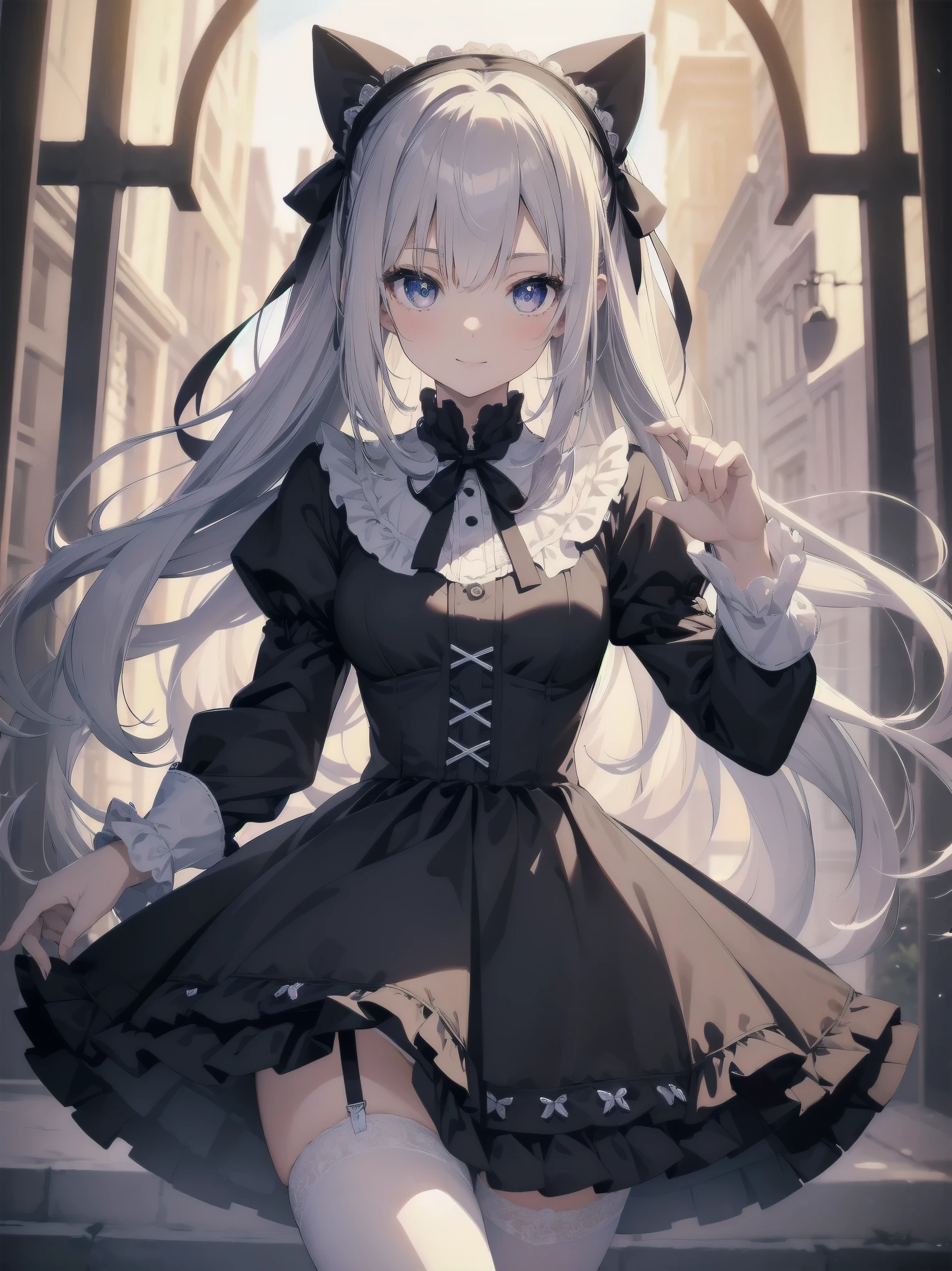 Masterpiece, Details, Solo, 1 Girl, Middle School Girl, Slender, , Fluffy Girlishly Cute and Stylish Attire, Fururu, Lace, Gothic ta Dress, Hair Ribbon, Smile, Black Tights, Cute Underwear, Stylish Hair, Big Eyes, Full Lips, White Catsuit, Princess Shoes, Beauty Legs, hair ribbon, hair band, pleated skirt, stirring motion, staring at you on date, sharp focus, perfect face, detailed face and eyes, dynamic, lively, shadows, colorful, mysterious, movie lighting, cute pose for model shoot