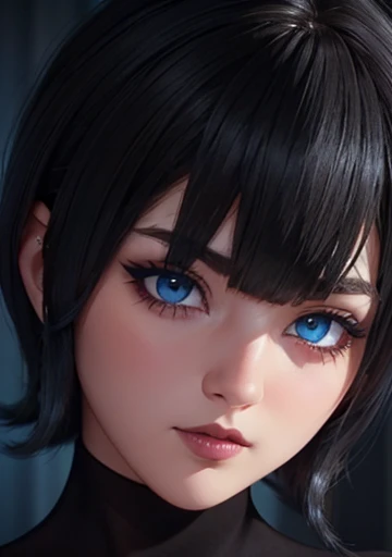 Beautiful girl with blue eyes, short black hair, beautiful and perfectly detailed face, make-up, shadows and eyeliner, voluminous lips