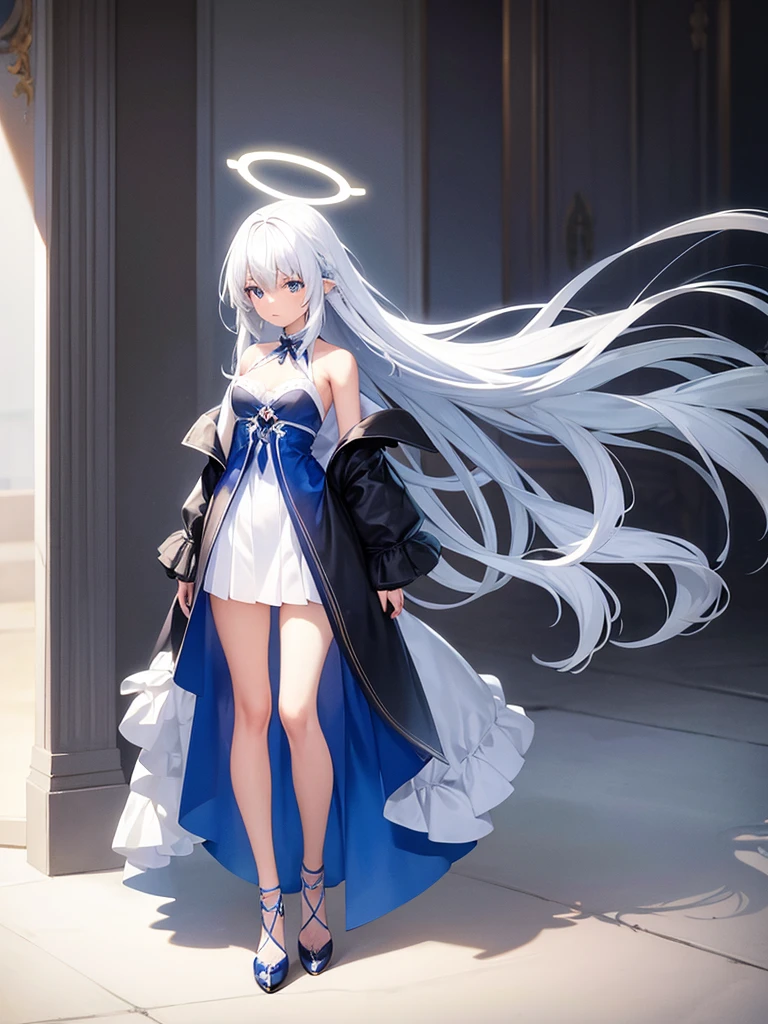 Blue Ribbon, white hair, long hair, wing hair, White wing, off the shoulder coats, Short dress, full body, concept art, halo, small breast