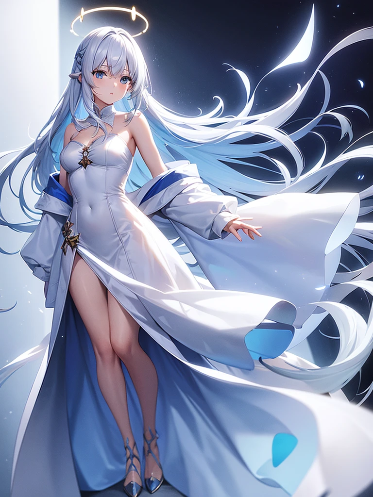 Anime ice princess full body view with perfect hands, huge Breasts,white hair, aqua eyes, ice woman, hands hidden, living room, smile