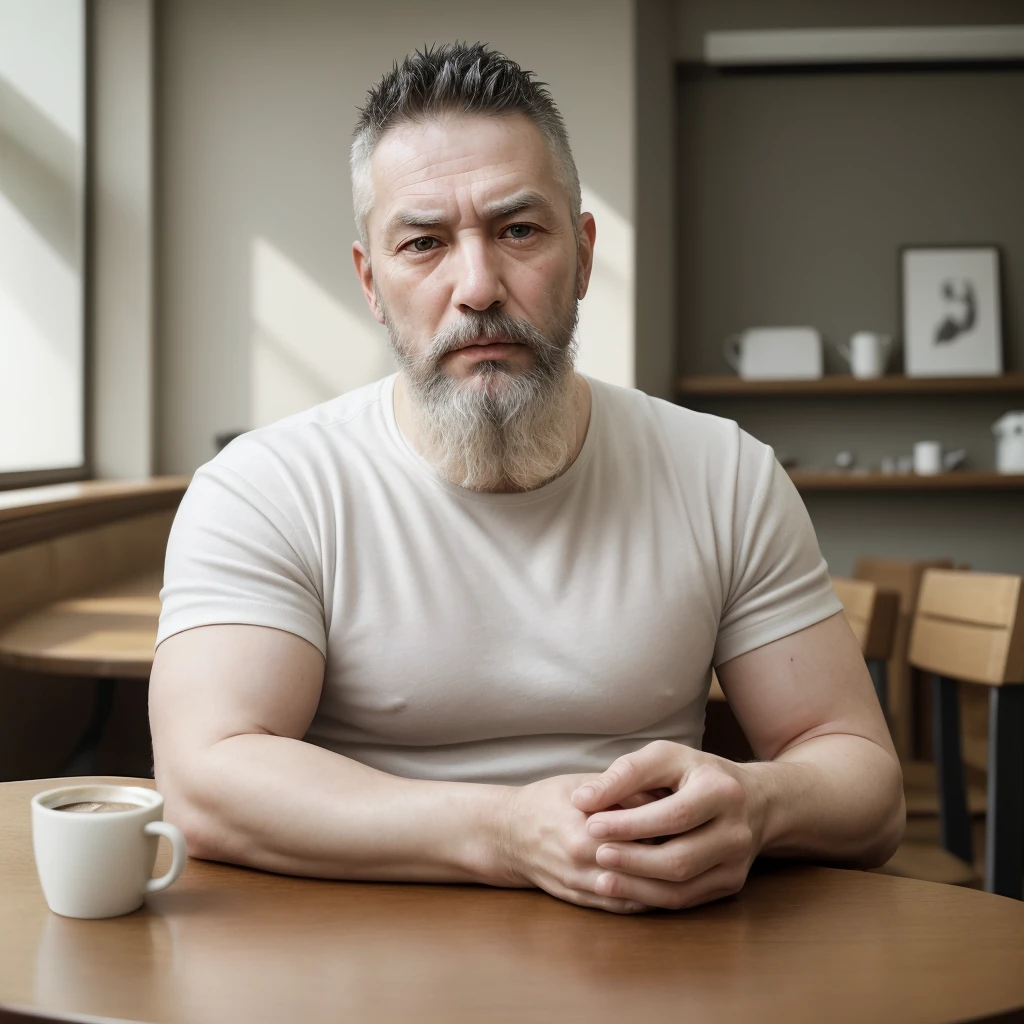 Man with an evil beard in his 40s, robust and sensual, sitting in front of a table drinking coffee and with a serious look reflecting on something serious