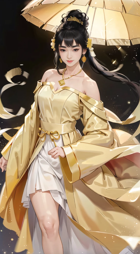 Girl in traditional Chinese clothing, Hanfu ,long black hair, black eyes, black bun hairstyle, hair accessories ,white diamond earrings, Bangle Diameter, Dia Necklace, Clear eyes, Facing forward,put on makeup, Long eyelashes ,(Long shoulder coat:1.5), (long white skirt:1.5), ((Whole body)), ((from below))ฃ, Clear face, , (Very beautiful face, Beautiful mouth, beautiful eyes), detailed face, ((Ultra-fine skin)), In the dark, deep shadows, an ancient Chinese girl (Very slim figure 1.3) ,Plump breasts, sexy slender legs elegant posture (smile brightly) (city night (neon light)) (nighttime ),