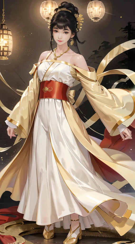 Girl in traditional Chinese clothing, Hanfu ,long black hair, black eyes, black bun hairstyle, hair accessories ,white diamond earrings, Bangle Diameter, Dia Necklace, Clear eyes, Facing forward,put on makeup, Long eyelashes ,(Long shoulder coat:1.5), (long white skirt:1.5), ((Whole body)), ((from below))ฃ, Clear face, , (Very beautiful face, Beautiful mouth, beautiful eyes), detailed face, ((Ultra-fine skin)), In the dark, deep shadows, an ancient Chinese girl (Very slim figure 1.3) ,Plump breasts, sexy slender legs elegant posture (smile brightly) (city night (neon light)) (nighttime ),