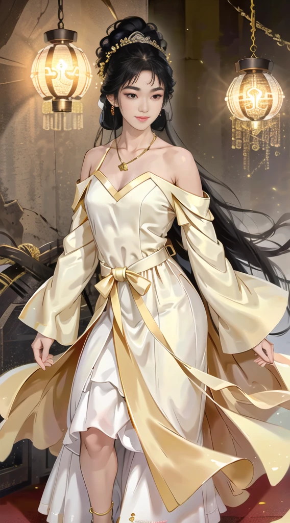 Girl in traditional Chinese clothing, Hanfu ,long black hair, black eyes, black bun hairstyle, hair accessories ,white diamond earrings, Bangle Diameter, Dia Necklace, Clear eyes, Facing forward,put on makeup, Long eyelashes ,(Long shoulder coat:1.5), (long white skirt:1.5), ((Whole body)), ((from below))ฃ, Clear face, , (Very beautiful face, Beautiful mouth, beautiful eyes), detailed face, ((Ultra-fine skin)), In the dark, deep shadows, an ancient Chinese girl (Very slim figure 1.3) ,Plump breasts, sexy slender legs elegant posture (smile brightly) (city night (neon light)) (nighttime ),