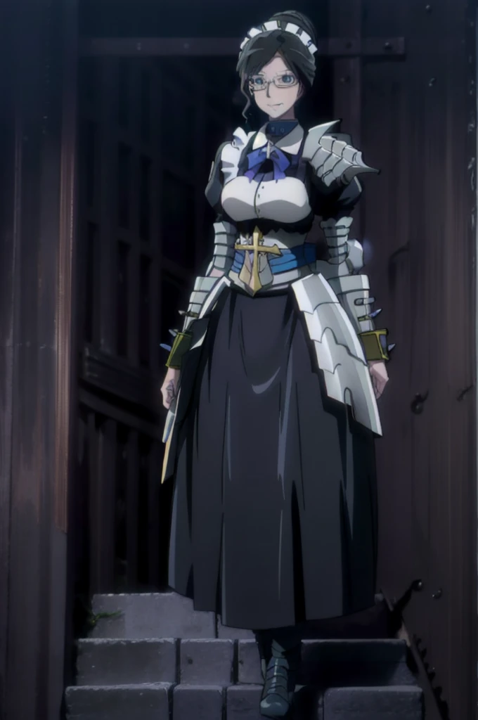 Yuri Alpha, solo, girl1, overlord, blue eyes, glasses, long skirt, large skirt, smile, medium breast, full body, standing, pants, maid cloths, pantyhose