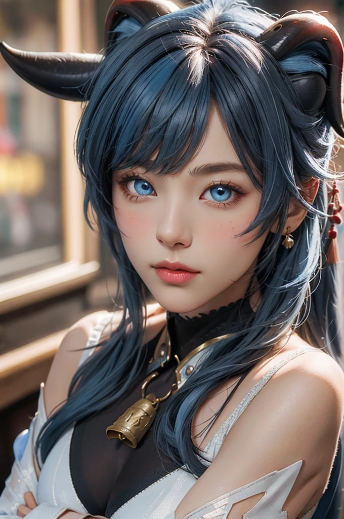 (photorealistic: 1.4), (masterpiece, side lighting, fine details of beautiful eyes: 1.2), masterpiece*portrait, realistic, 3d face,
ganyu \(genshin impact\), 1girl, ahoge, architecture, bangs, bun, bell, black gloves, black pantyhose, (blue hair), blush, plump breasts, japanese knot, loose sleeves, flower knot, gloves, horns, long hair, looking at the audience, sexy plump breasts, bell neck