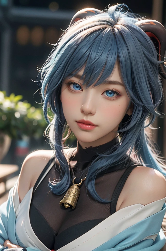 (photorealistic: 1.4), (masterpiece, side lighting, fine details of beautiful eyes: 1.2), masterpiece*portrait, realistic, 3d face,
ganyu \(genshin impact\), 1girl, ahoge, architecture, bangs, bun, bell, black gloves, black pantyhose, (blue hair), blush, plump breasts, japanese knot, loose sleeves, flower knot, gloves, horns, long hair, looking at the audience, sexy plump breasts, bell neck