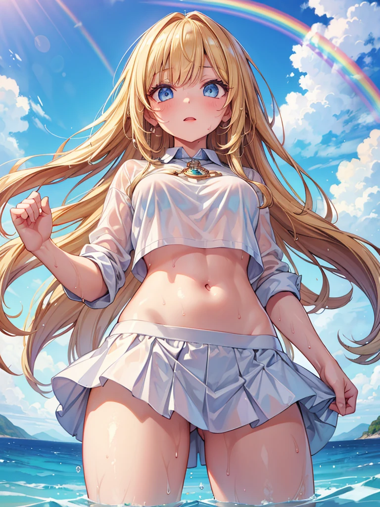 (masterpiece:1.2), best quality, high resolution, unity 8k wallpaper, illustration, extremely detailed eyes, extremely detailed face, extremely detailed CG, (1girl, solo:1.5), {{perfect anatomy}}, (panorama:0.5), ((view from below)), ((looking up at the sky)), ((clear sky with rainbow)), white shirt, crop top, mini skirt, ((wet clothes)), ((wet hair)), park, COLORFUL PORTRAITS, lily, long blonde hair, blue eyes,