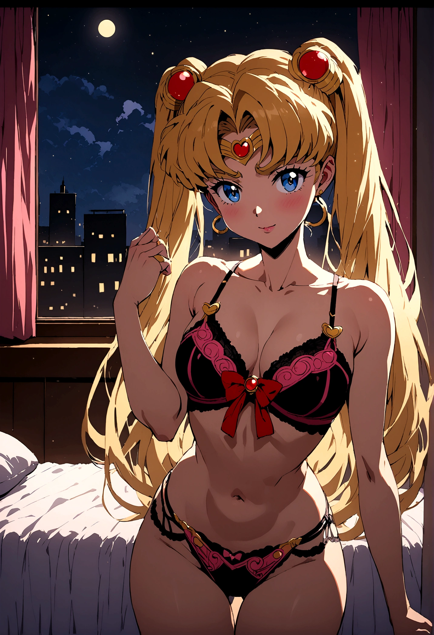 (finely detailed beautiful eyes and detailed face,masterpiece sidelighting,masterpiece,best quality,detailed,high resolution illustration),, (topless african girl,whole body,lustrous skin,looking down,looking at viewer),, (yellow hair,blue eyes,ribbon, sheer panties), (clothed_underbust:1.2),underboob