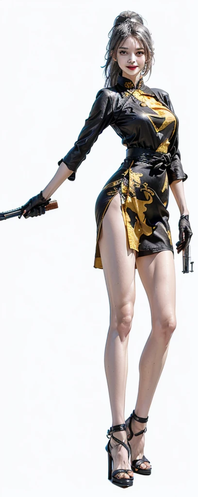 (Top quality,Ultra HD,lifelike: 1.4)(Cowboy Shooter 1),Beautiful armed girl, (K-Pop Idol) ,Detailed face,opposition,Perfect anatomy,Smooth skin,Professional lighting, ((Wearing black and gold short qipao,Black high heels,Wear a high ponytail,Black gloves,Black cloth tied around legs),Victory in battle,Smile of victory(background,Destroyed buildings,Fire, (Huge explosion) ) ,Full body close-up,Turn your back to the audience (Holding weapon, Holding rifle, Purposeing, Purpose:1.2), gun, H&k hk416, 马gun, Fire,