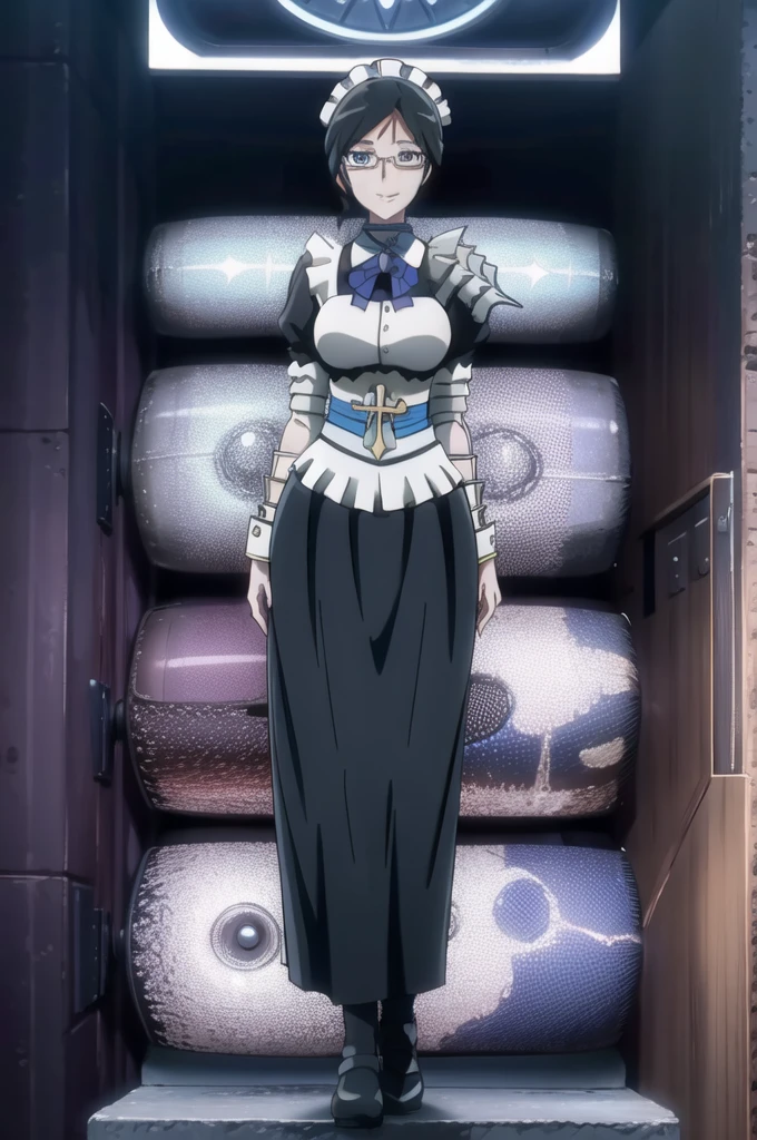 Yuri Alpha, solo, girl1, overlord, blue eyes, glasses, long skirt, large skirt, smile, medium breast, full body, standing, pants, maid cloths, pantyhose