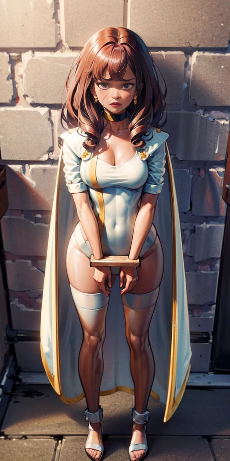 (Masterpiece, Best Quality), intricate details, 1 girl, 1 girl in, edad19, Alone, wide, colossal, looking at the viewer, by rubio, alexis texas (Standing full length, from head to toe by a wooden post.:1.2) iron necklace, arms behind the back, iron fists, shackles, tied, bondage suit, leverage, o ring, bondage suit blindfolded, happy Red cheeks, chain leash collar choker neck bell shackles wristbands bracers bracelets, Slit jaw, Sad face, Red cheeks, crying tears, Painful (She was sold and betrayed by her own family)