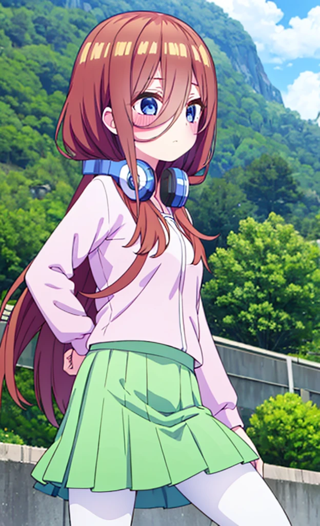 masterpiece,Highest quality,1 Girl,alone,blush with embarrassment,Pokémon-like art style,(bold:1.6),(flat:1.5), miku nakano, LONG HAIR, bangs, blue eyes, BROWN HAIR, SHIRT, HAIR BETWEEN EYES, HEADPHONES, HEADPHONES AROUND NECK,
SKIRT, SHIRT, LONG SLEEVES, WHITE SHIRT, PANTYHOSE, PLEATED SKIRT, BLACK PANTYHOSE, cardigan, GREEN SKIRT, BLUE cardigan, Big Breasts, 慌てる, age