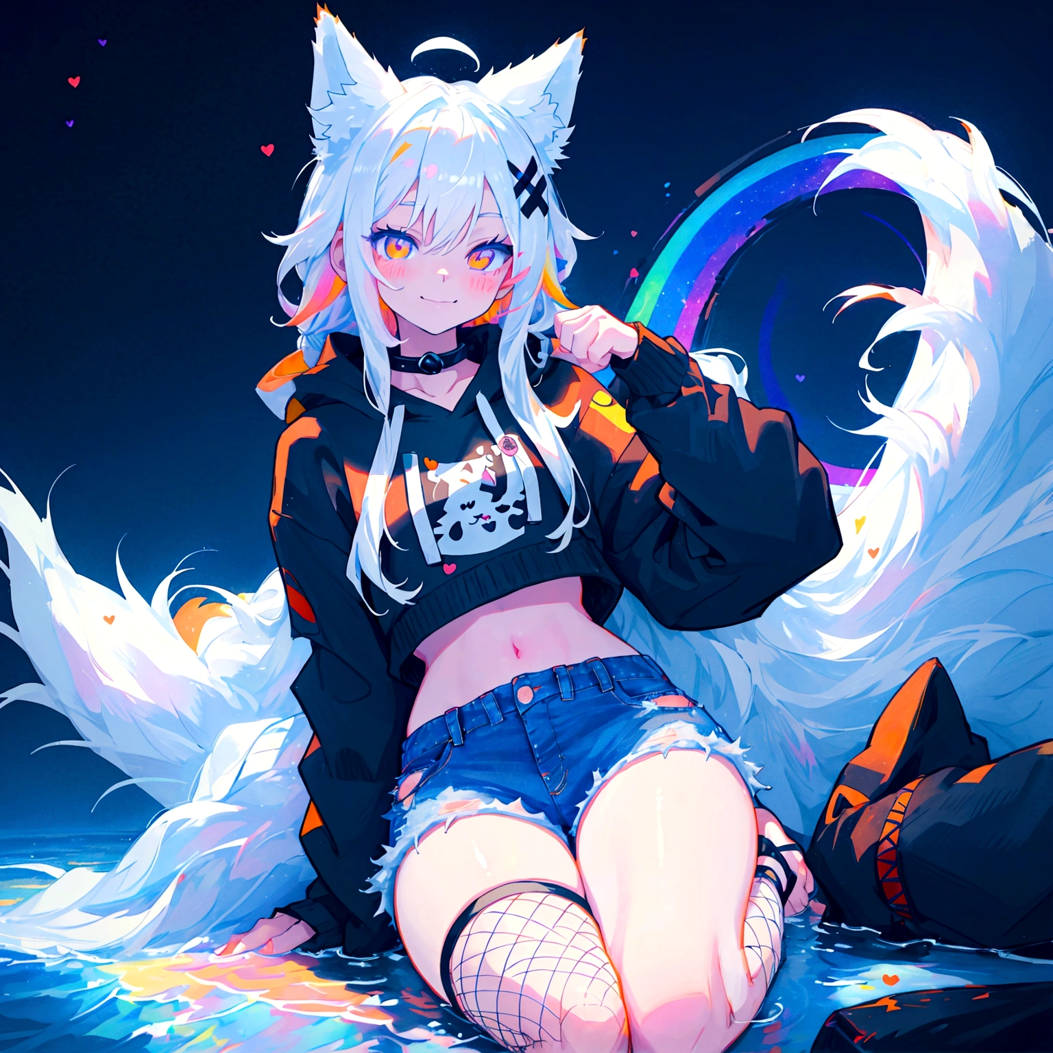 a cute adult male with wolf ears, long white hair, long locks, has a wolf tail, wearing a loose cropped black hoodie, wearing a pair of denim short shorts and fishnet stockings, thick thighs, wide hips, relaxing on mound of fluffy multi colored kawaii plushies, short, very slim, showing slender tummy, heart on hoodie, squishy thighs, has glowing blue eyes. alone, solo (ALONE)(SOLO), surrounded by rainbows, colorful galaxy backround, smiling,