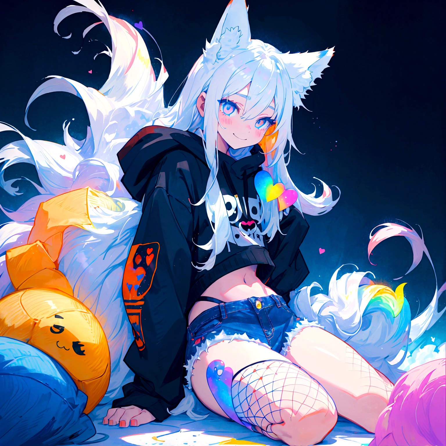 solo, full body, perked fox ears, nine fox tails, white short sport t-shirt, black sport shorts, pink sneakers, blue halo, heterochromia (bluish-green left eye scarlet red right eye), long white hait with soft pink tint, bluish-green flames around the character, shiroko_terror_\(blue_archive\), wakamo, yellow eyes, black hair, very long hair, colored-inner hair, multicolored hair, fox ears, fox tail, halo, hair ornament, bow tail, cyberpunk, steel sirens, cosmic background, on the water surface of the tranquil oasis shimmering with luminous ethereal colors,