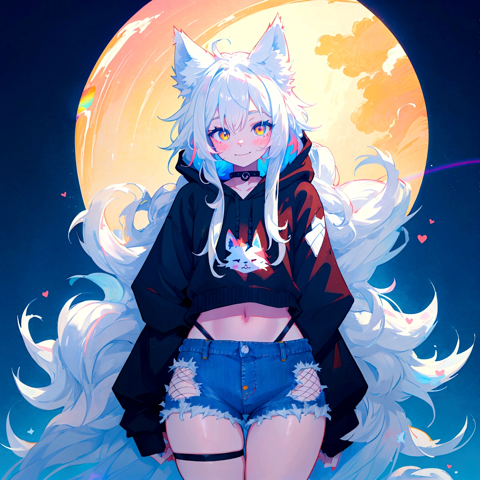 a cute adult male with wolf ears, long white hair, long locks, has a wolf tail, wearing a loose cropped black hoodie, wearing a pair of denim short shorts and fishnet stockings, thick thighs, wide hips, relaxing on mound of fluffy multi colored kawaii plushies, short, very slim, showing slender tummy, heart on hoodie, squishy thighs, has glowing blue eyes. alone, solo (ALONE)(SOLO), surrounded by rainbows, colorful galaxy backround, smiling,