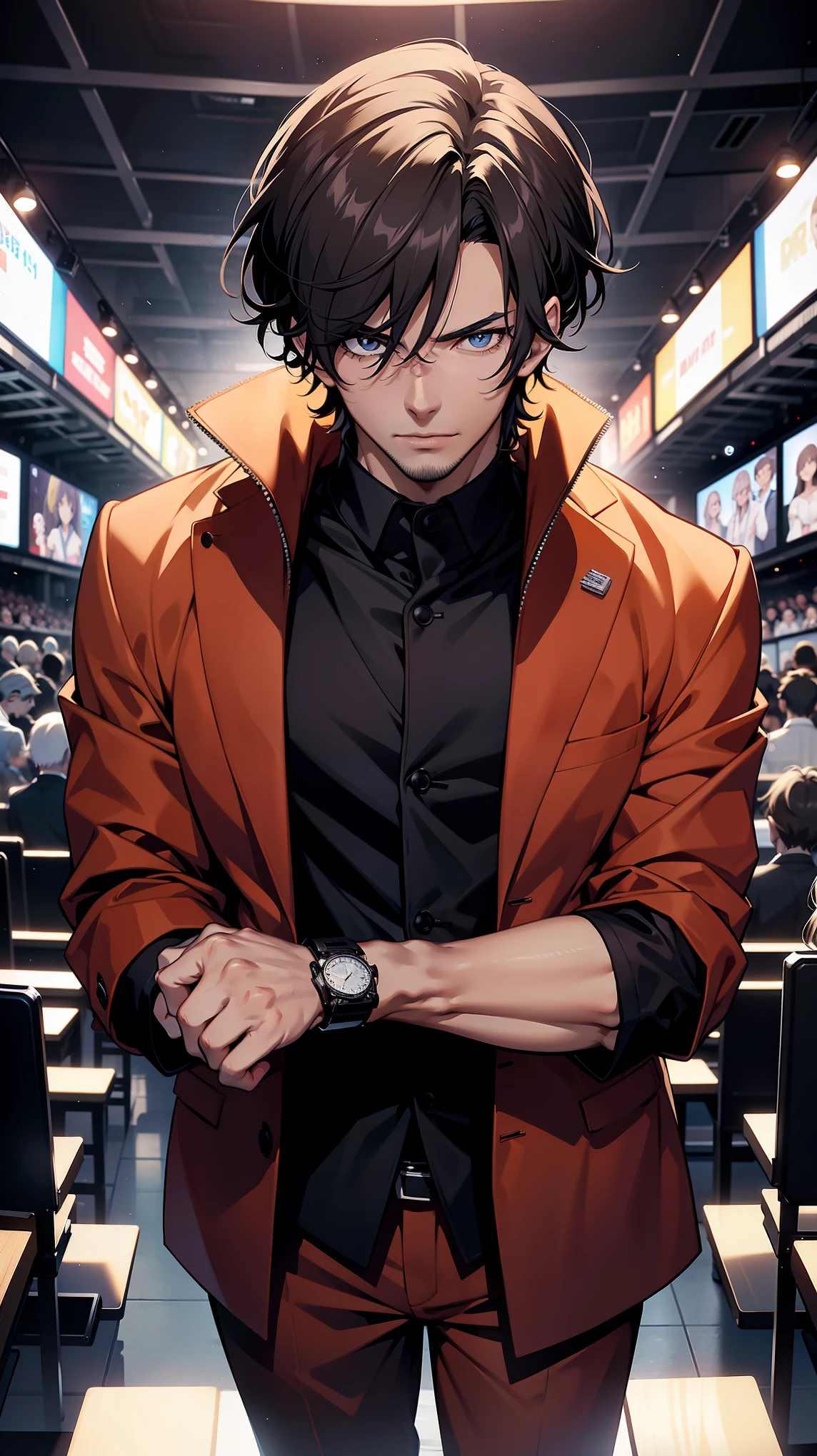 A host,Television, He is nearby, Anime handsome man, Looking at the audience, high resolution, Super sharp, 8K, masterpiece