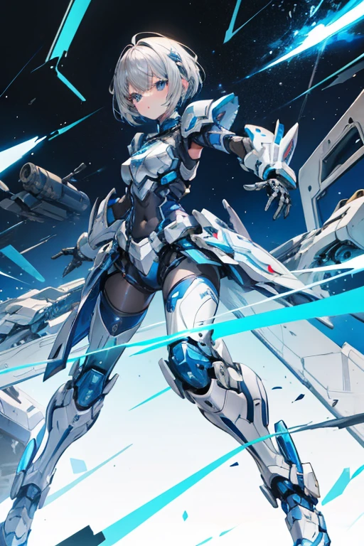 Female Android Girl masterpiece Gray Hair short Blue armor high school girl Mechanical Combatant whole body Charge Cannon Blue energy gathers in his right arm.