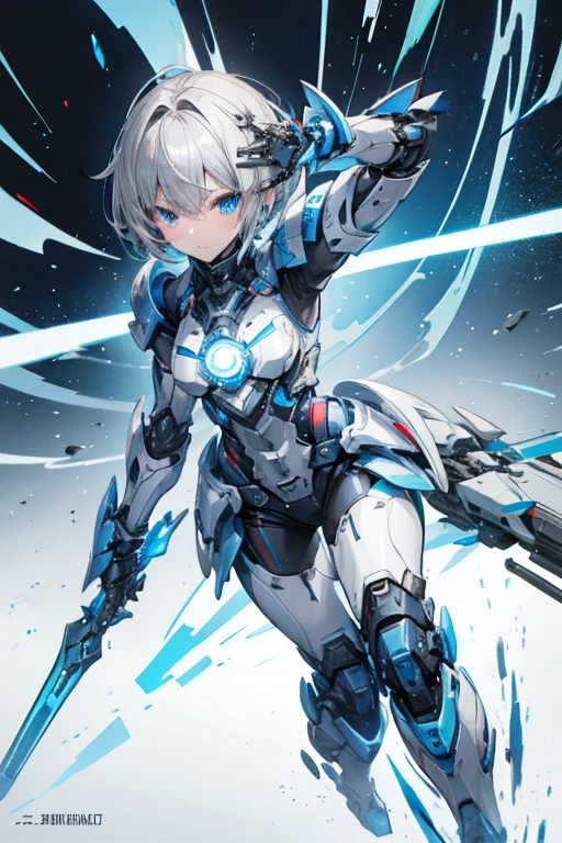 Female Android Girl masterpiece Gray Hair short Blue armor high school girl Mechanical Combatant whole body Charge Cannon Blue energy gathers in his right arm.