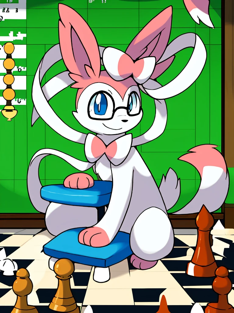 score_9, score_8_up, score_7_up, score_6_up, score_5_up, score_4_up, solo, Sylveon, feral, fluffy fur, one tail, slim body, sitting, eyeglasses, background, chess, chessboard, coffee shop, smile