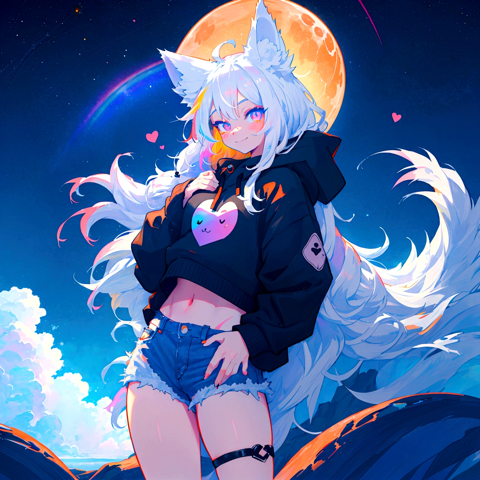 a cute adult male with wolf ears, long white hair, long locks, has a wolf tail, wearing a loose cropped black hoodie, wearing a pair of denim short shorts and fishnet stockings, thick thighs, wide hips, relaxing on mountain of fluffy multi colored kawaii plushies, short, very slim, showing slender tummy, heart on hoodie, squishy thighs, has glowing blue eyes. alone, solo (ALONE)(SOLO), surrounded by rainbows, colorful galaxy backround, smiling,