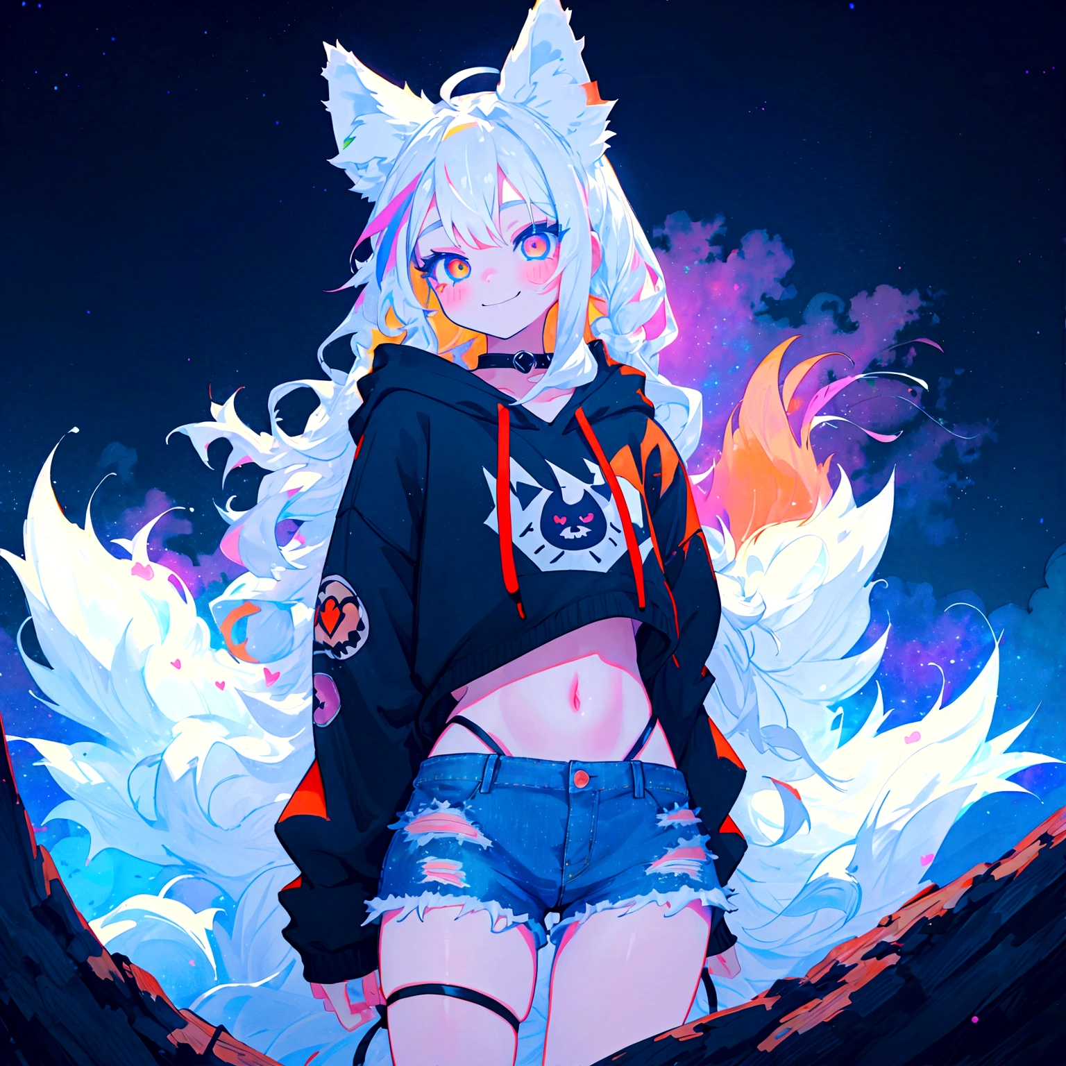 a cute adult male with wolf ears, long white hair, long locks, has a wolf tail, wearing a loose cropped black hoodie, wearing a pair of denim short shorts and fishnet stockings, thick thighs, wide hips, relaxing on mountain of fluffy multi colored kawaii plushies, short, very slim, showing slender tummy, heart on hoodie, squishy thighs, has glowing blue eyes. alone, solo (ALONE)(SOLO), surrounded by rainbows, colorful galaxy backround, smiling,