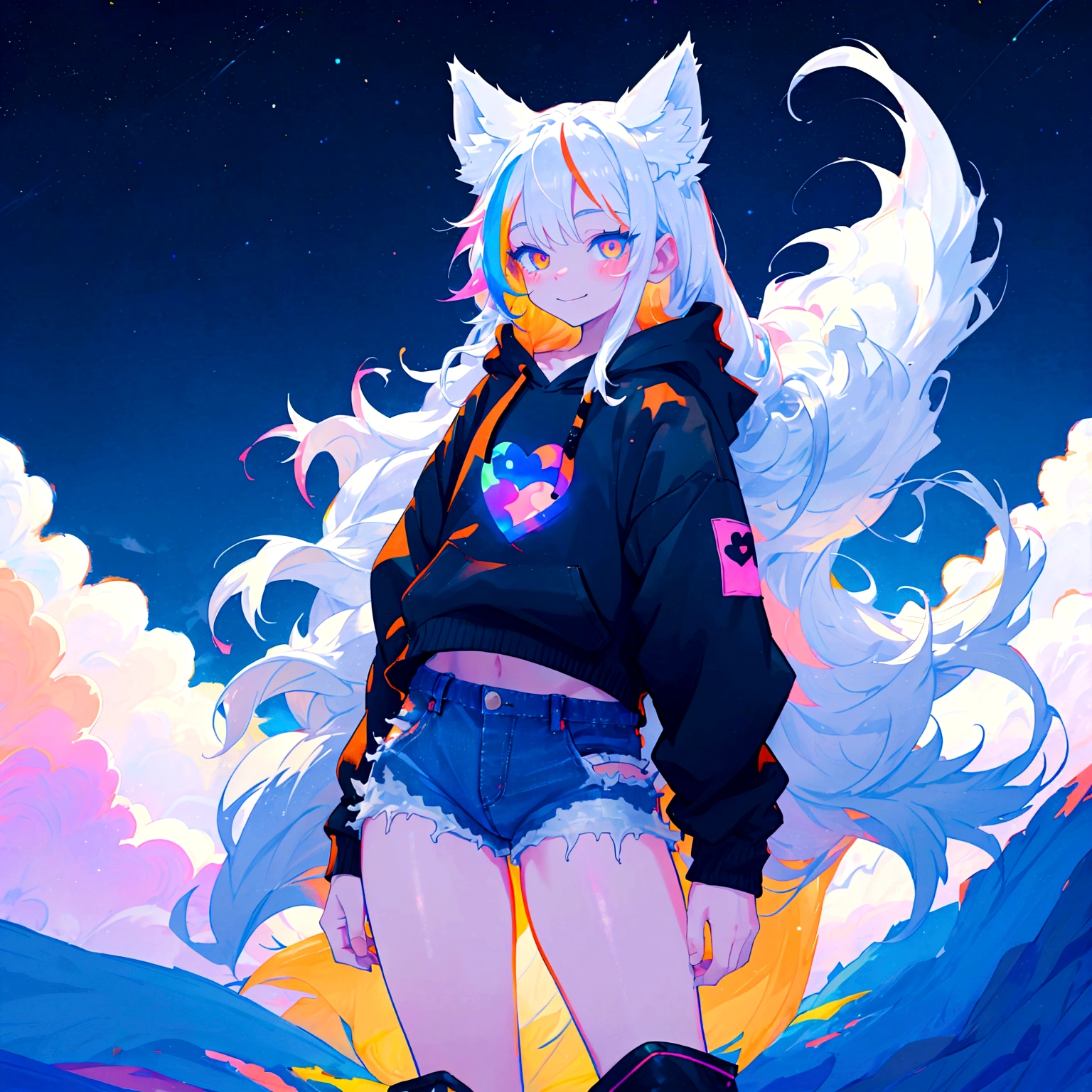 a cute adult male with wolf ears, long white hair, long locks, has a wolf tail, wearing a loose cropped black hoodie, wearing a pair of denim short shorts and fishnet stockings, thick thighs, wide hips, relaxing on mountain of fluffy multi colored kawaii plushies, short, very slim, showing slender tummy, heart on hoodie, squishy thighs, has glowing blue eyes. alone, solo (ALONE)(SOLO), surrounded by rainbows, colorful galaxy backround, smiling,