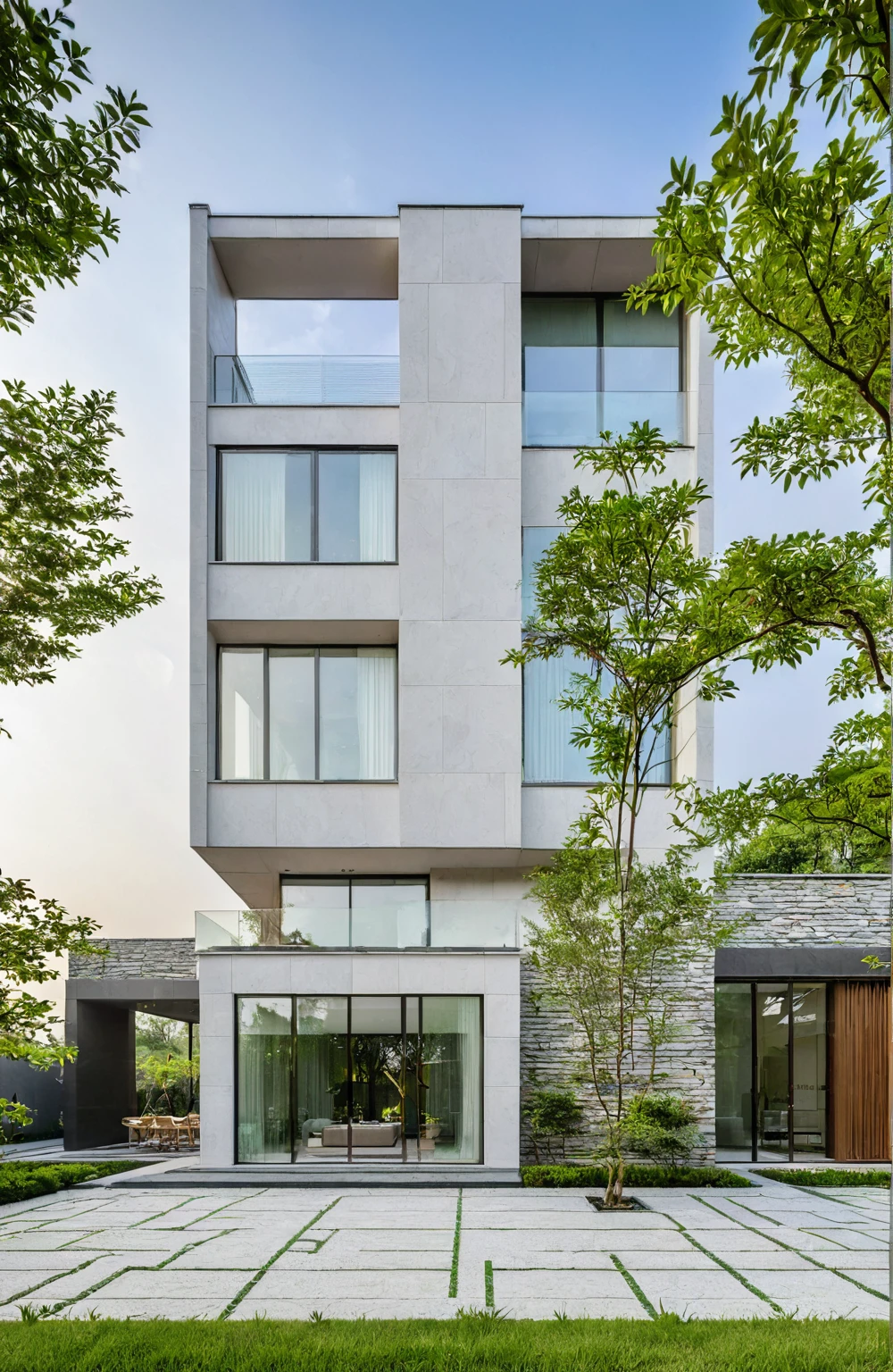 qlcd,tingyuan, photo of modern villa, grassland, garden, shrubs and trees, rock decoration, clear sky, sun light, realistic photo