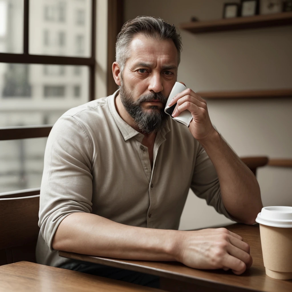 Man with a beard in his 40s, robust and sensual, sitting in front of a table drinking coffee and looking serious, reflecting on something serious