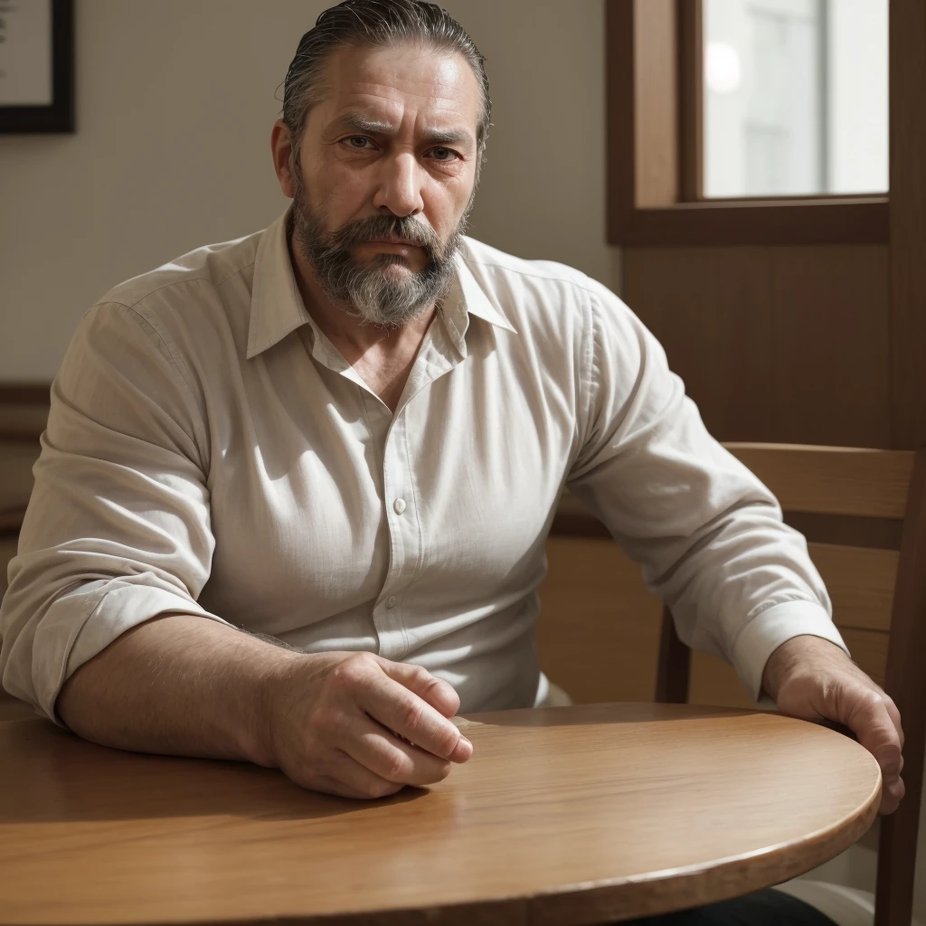 Man with a beard in his 40s, robust and sensual, sitting in front of a table drinking coffee and looking serious, reflecting on something serious