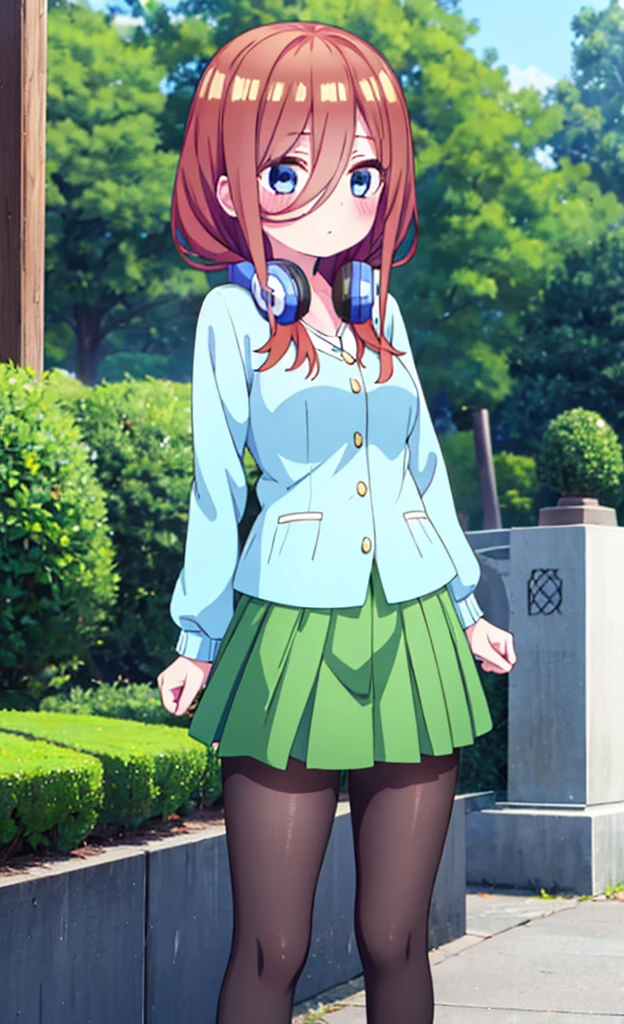 masterpiece,Highest quality,1 Girl,alone,blush with embarrassment,Pokémon-like art style,(bold:1.6),(flat:1.5), miku nakano, LONG HAIR, bangs, blue eyes, BROWN HAIR, SHIRT, HAIR BETWEEN EYES, HEADPHONES, HEADPHONES AROUND NECK,
SKIRT, SHIRT, LONG SLEEVES, WHITE SHIRT, PANTYHOSE, PLEATED SKIRT, BLACK PANTYHOSE, cardigan, GREEN SKIRT, BLUE cardigan, Big Breasts, 慌てる, age swap