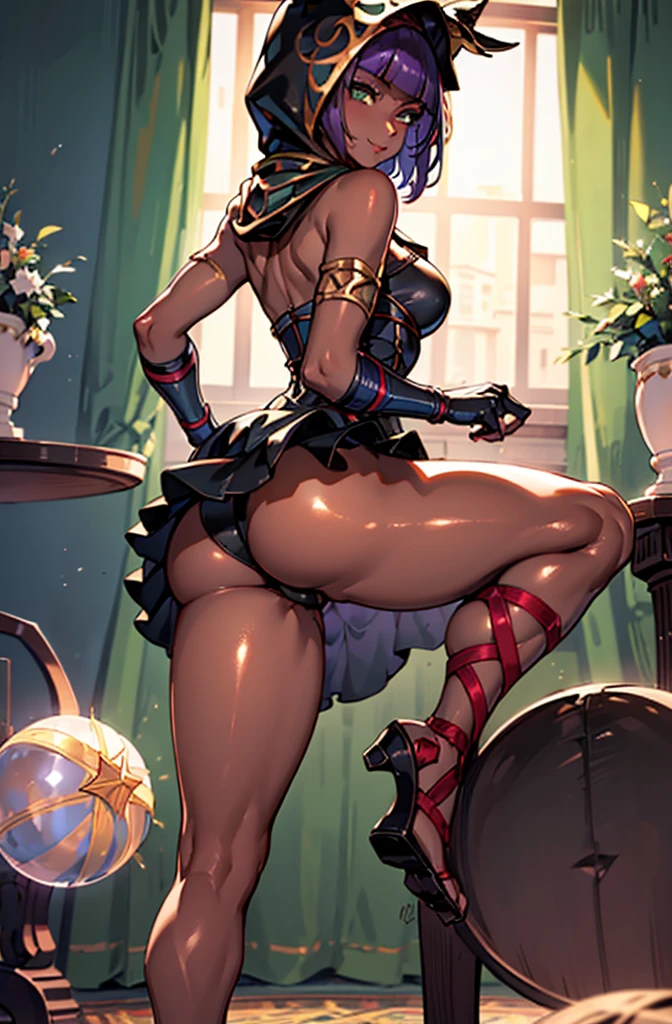 Masterpiece, best quality, absurdres, 1girl, beautiful legs, menat_holiday, light smile, dark skin, Green eyes, egyptian, bob cut, red dress, (black hood), black gloves,(shiny thighs),, , bare shoulders,sexy thighs,(((beautiful leg))),((solo)),panty shot,evil smile,from behind,back shot,ass,ass focus,close up,in bedroom,upskirt,camel toe