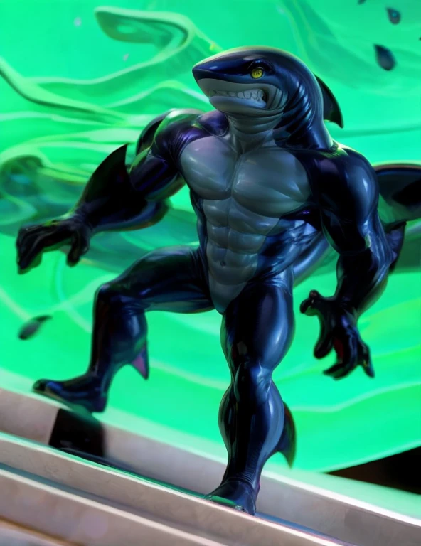 A humanoid shark creature stands tall,blue body with blue back pointed fins a dull gray in his belly tough, its yellow eyes gleaming with intensity as it showcases its sharp, clenched teeth. The male focus is centered on the subject's powerful physique, set against a vibrant, enhanced bright background that accentuates its otherworldly features. Art by TakahiroSi.cartoon style,detail full-body,detail face&eyes,detail hands,detail finger(4 fingers),detail legs&feet,4k,high_resolution,masterpiece,smooth soft body,balance muscle,((light-up character's dark-body)),((light-up background))
